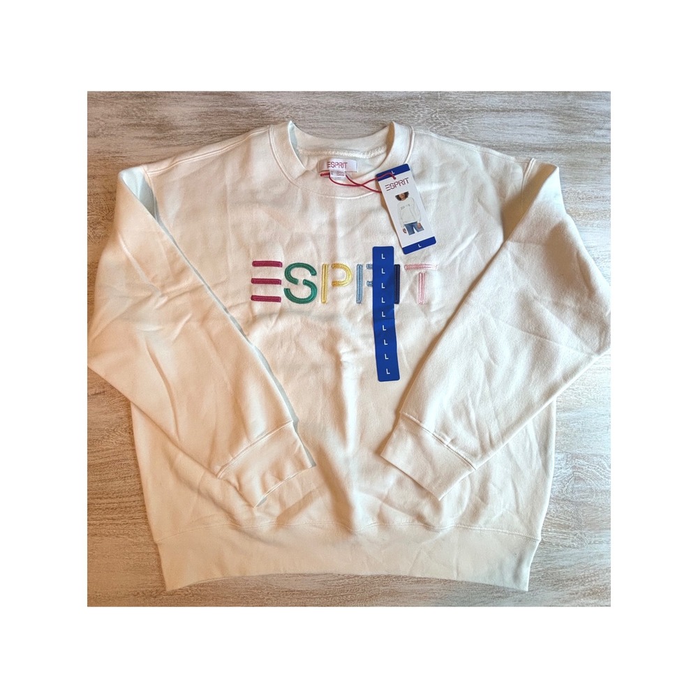Esprit Size Large Sweatshirt Women Cream Rainbow Logo Crewneck retro 80s 90s - Picture 3 of 6